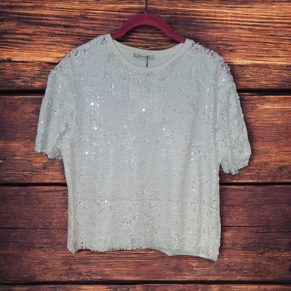 Zara Tops - Zara Trafaluc White Sequin Semi Sheer Short Sleeve Top NWT